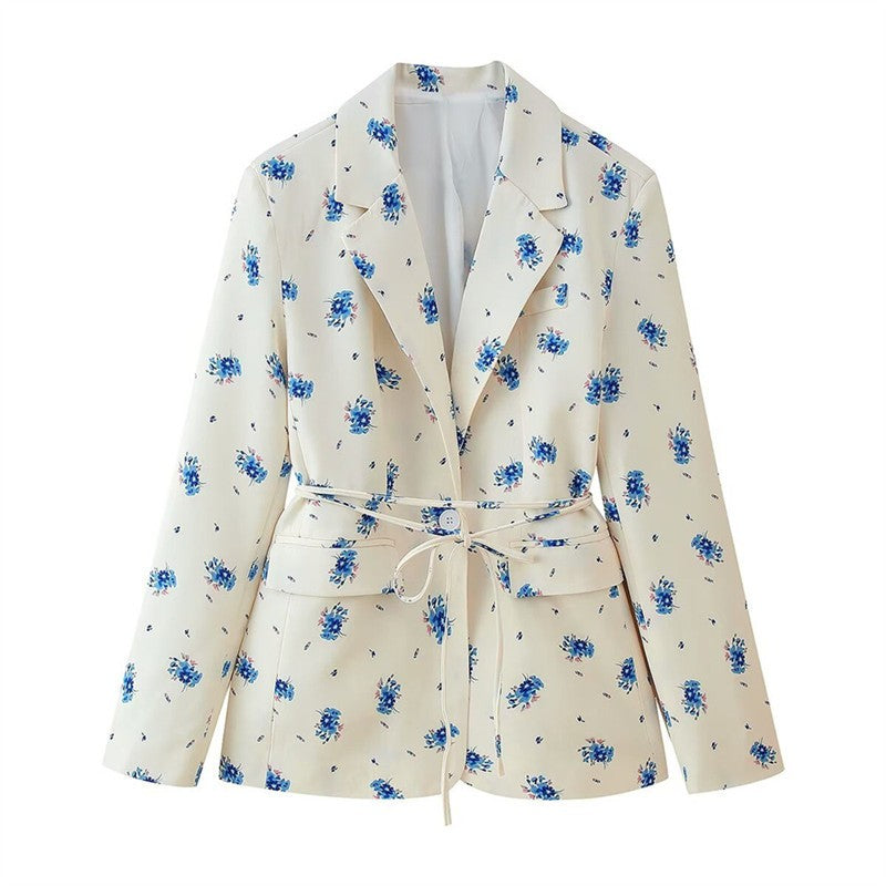 Women's 2025 Spring/Summer New Fashion Printed Loose Suit Collar Belted Waist - cinching Suit Jacket