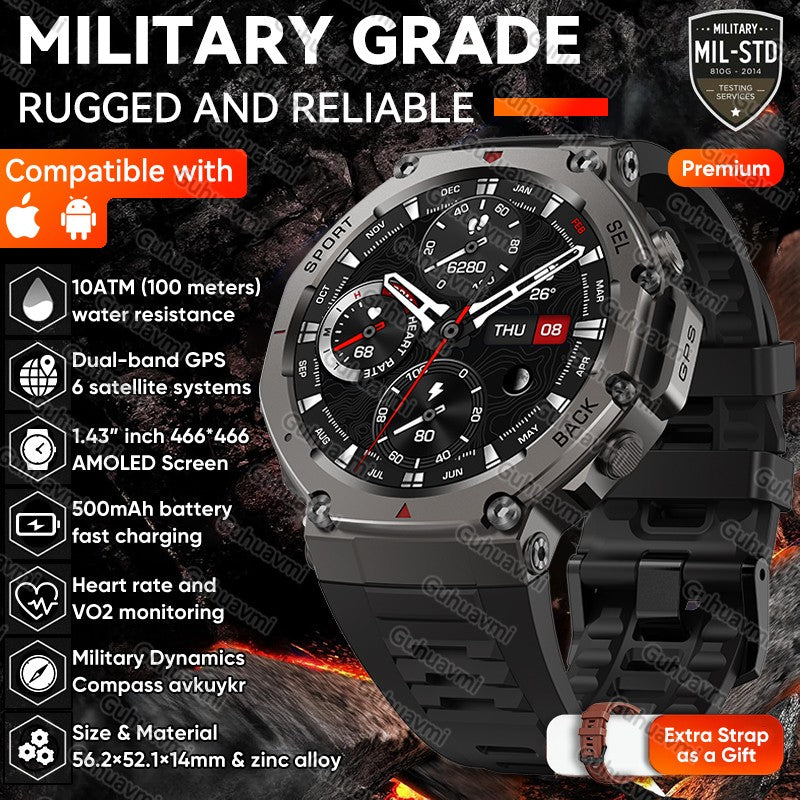 Novo Smartwatch Militar GPS de Banda Dupla T-Rex 3 Pro 48mm Resistente à Água 10ATM Bateria de 500mAh Bússola Altímetro AGPS