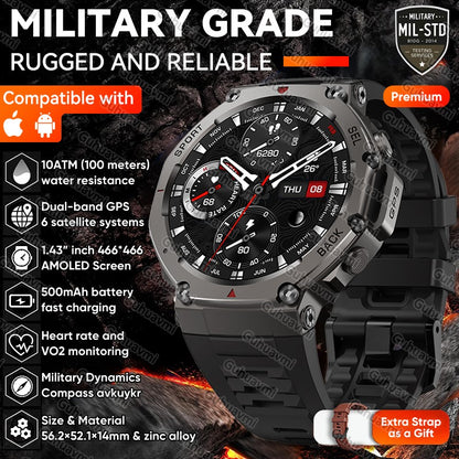 Novo Smartwatch Militar GPS de Banda Dupla T-Rex 3 Pro 48mm Resistente à Água 10ATM Bateria de 500mAh Bússola Altímetro AGPS