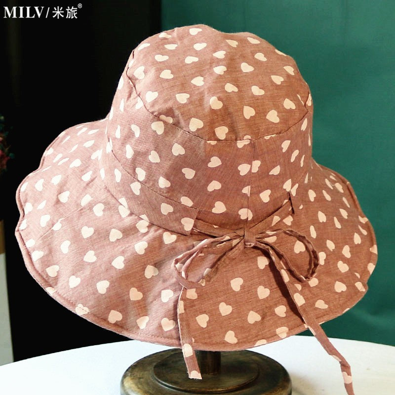 Chapéu feminino de verão, estampa de coração, aba grande para proteção solar, chapéu de sol de algodão e linho à prova de sol, chapéu de pescador dobrável