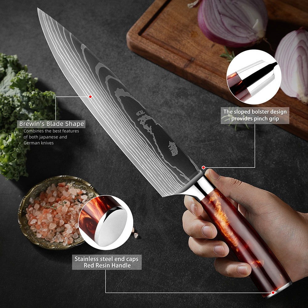 Conjunto de Facas de Cozinha 15 Peças Com Bloco de Madeira, Faca Profissional de Chef em Aço com Padrão de Damasco a Laser, Com Tesoura e Afiador