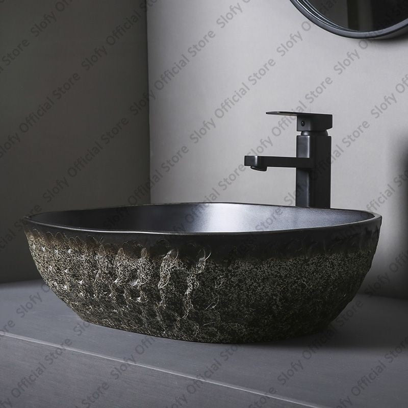 Vintage Style Ceramic Washbasin Black Artistic Hotel Family Bathroom Sink Basins Large Oval Balcony Garden Outdoor Washing Basin