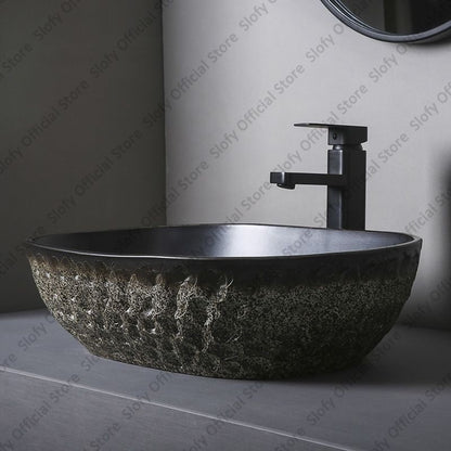 Vintage Style Ceramic Washbasin Black Artistic Hotel Family Bathroom Sink Basins Large Oval Balcony Garden Outdoor Washing Basin
