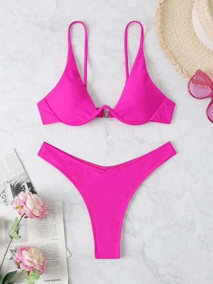 Sexy Underwire Bikini 2025 Mujer Women Solid Red Push Up Bra Thong Swimsuit Haler V Neck Bathing Suit Mini Micro Thong Swimwear