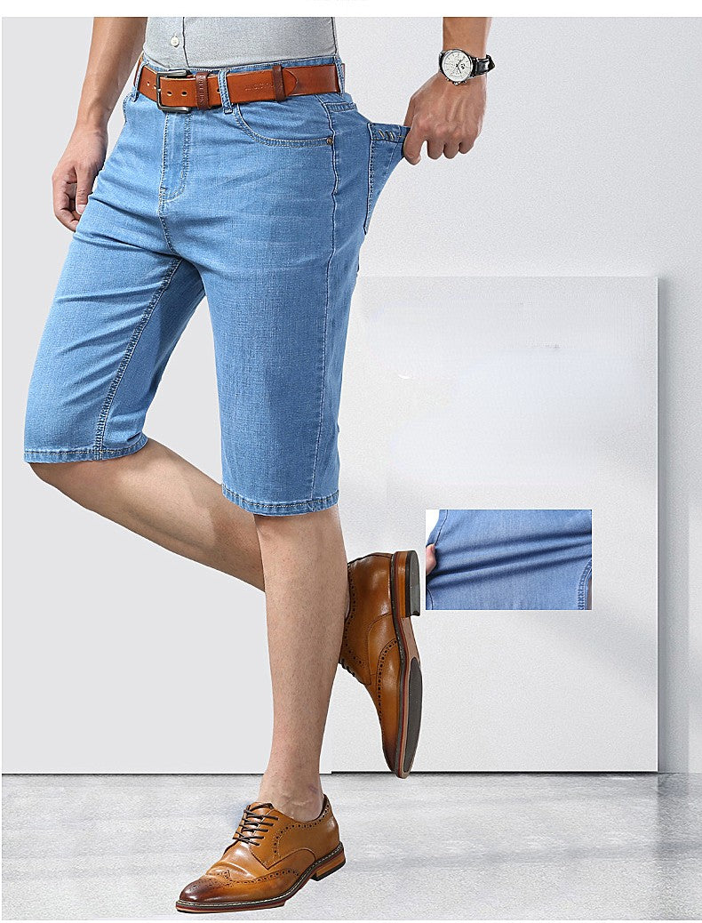 Summer Men Denim Shorts New Style Thin Embroidery Business Casual Straight  Short Jeans Male Brand Clothing Black Blue