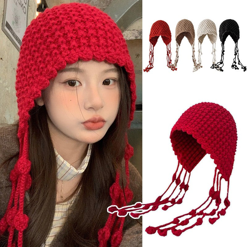 Autumn Winter Women's Hat Hand-knitted Woolen Tassel Cap Beanie Fashion Ear-protecting Cap Outdoor Warmth Headscarf Hat