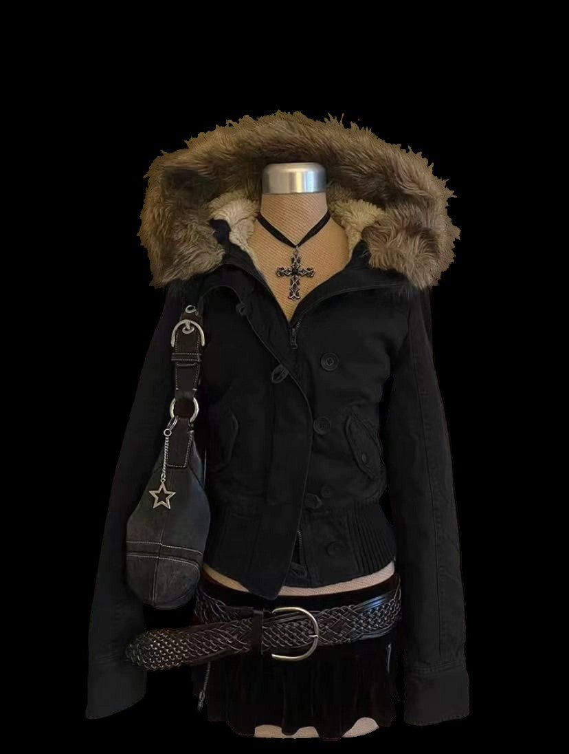 American hot girl big fur collar slim short jacket for women buckskin velvet waist slimming hooded cardigan sweatshirt