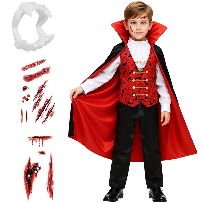 Kids Vampire Cosplay Costume for Boys Men Halloween Carnival Party Costumes with Walking Cane Stickers False Teeth