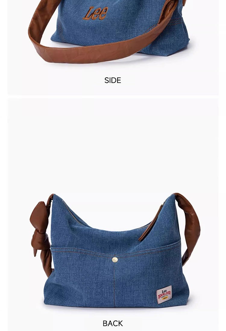 LEE Women Minimalism Hobo Denim Blue One Shoulder Pillow Bag Ladies Jeans Soft Widen Leather Shoulder Straps Crossbody Bags