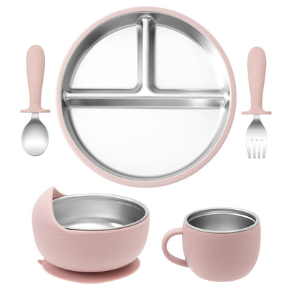 5PCS Stainless Steel Dishes Plate Baby Feeding Set With Detachable Silicone Sucker Bowl BPA Free Infant Fork Spoon Cup Gifts