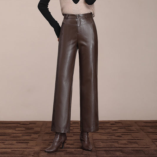 ZUZK Winter Pu Leather Pants New Elastic Waist Straight Pants PU Leather Trousers Large Size Fashion Warm Long Pants