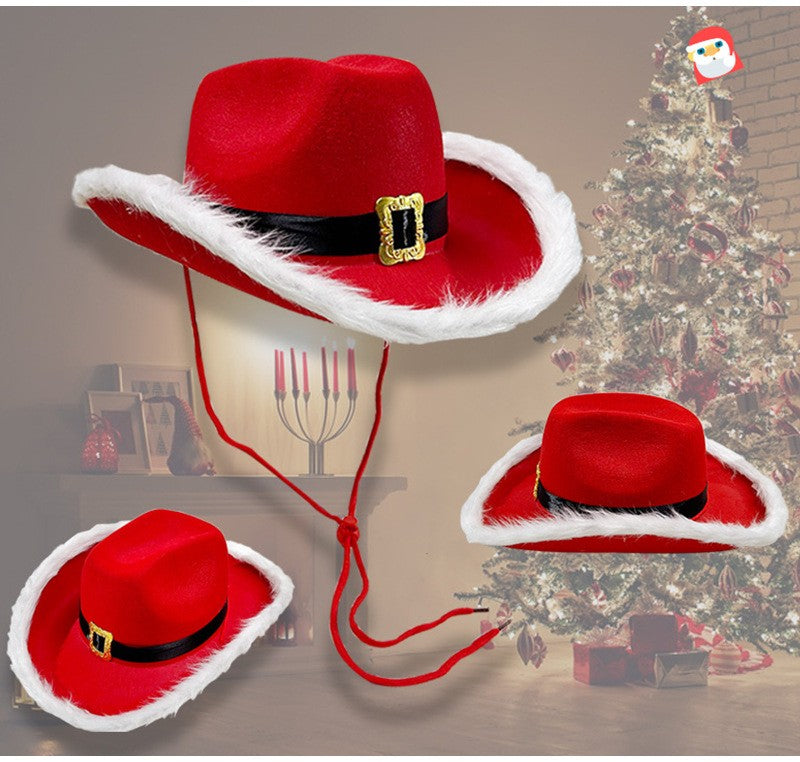 Red Christmas Cowboy Hat with Feather & Gold Buckle, Western Party Hat for Women Men, Floppy French Jazz Cap for Xmas