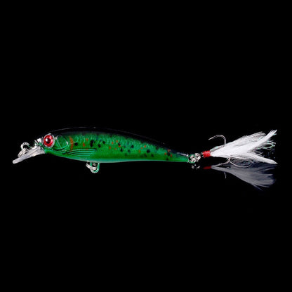 Isca de Pesca Laser Minnow 10/5 Peças Biónica Artificial 9cm/7g Isca Dura Flutuante com Anzol de Pena Wobbler Pesca para Baixo Lúcio