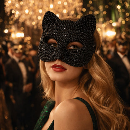 Rhinestone Cat Masquerade Mask, Crystal Studded Half Face Mask for Women Halloween Party and Cosplay
