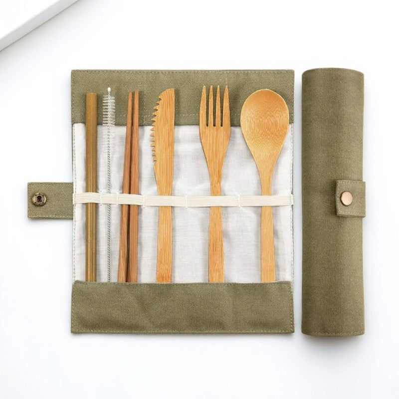 Conjunto Portátil de Talheres Reutilizáveis de Bambu Garfo Faca Colher de Madeira com Estojo de Viagem Utensílios de Cozinha Ecológicos