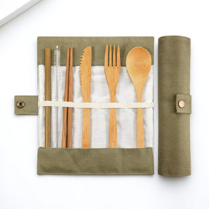 Conjunto Portátil de Talheres Reutilizáveis de Bambu Garfo Faca Colher de Madeira com Estojo de Viagem Utensílios de Cozinha Ecológicos