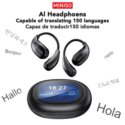 Miniso MS189 AI Translation Bluetooth Earphones Sports Wireless Headset LCD Color Touch Screen 8-Hour Battery Life Stereo Bass