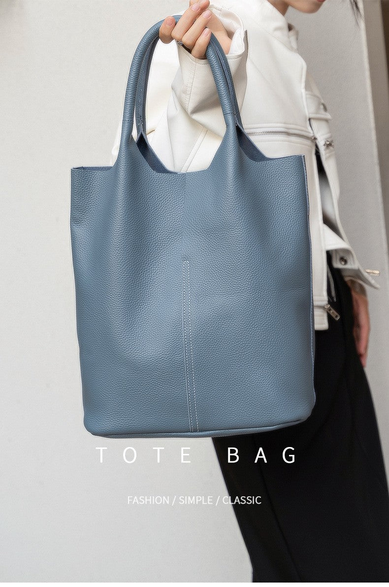 Genuine Grade Leather Women Commuter Tote Bag Ladies Soft Cowhide Tote Shoulder Handbag Large Female Bucket Bag Luxury Designer