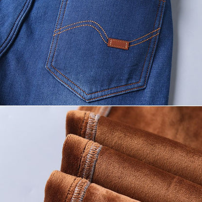 Men New Winter Warm Jeans Male Fleece Lined Thickened Denim Pants Loose Straight Cold Protection Casual Breathable Trousers