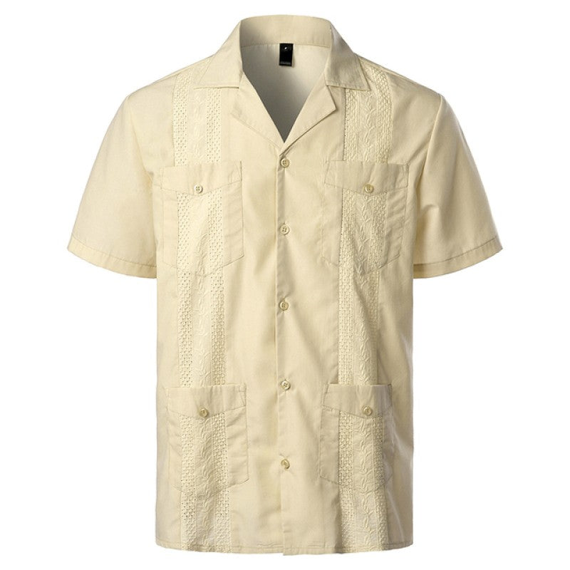Men's Traditional Cuban Camp Collar Guayabera Shirts Short Sleeve Embroidered Mexican Caribbean Style Beach Shirts with 4 Pocket