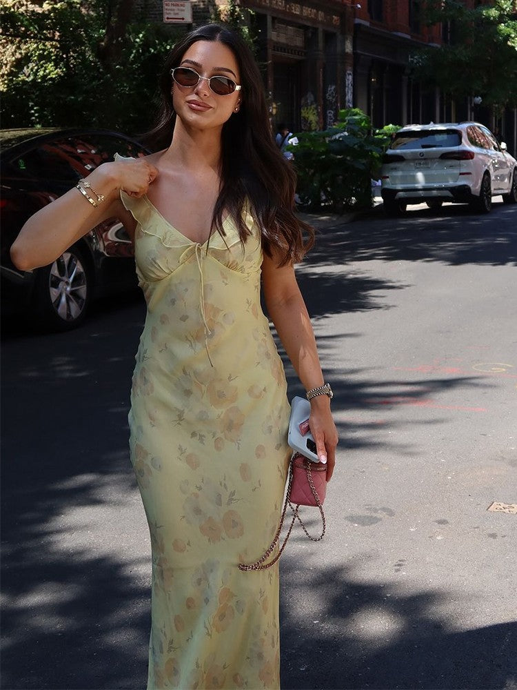Cryptographic Summer Floral Print Plunge Maxi Dress Outfits Sexy Backless Fairy