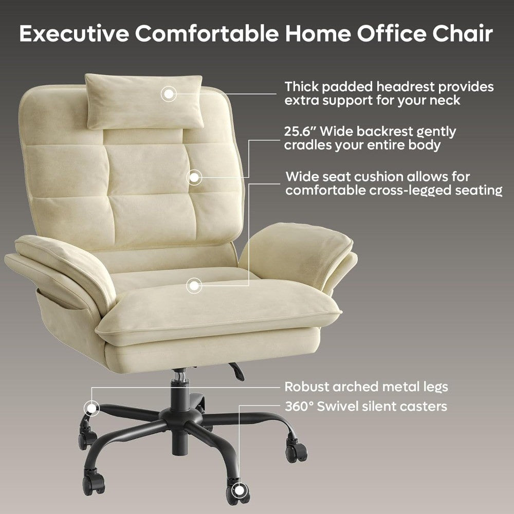 Velvet Executive Office Chair, Ergonomic Chair with Flip-up Arms, 135° Reclining Office Chair with Side Pockets & Headre