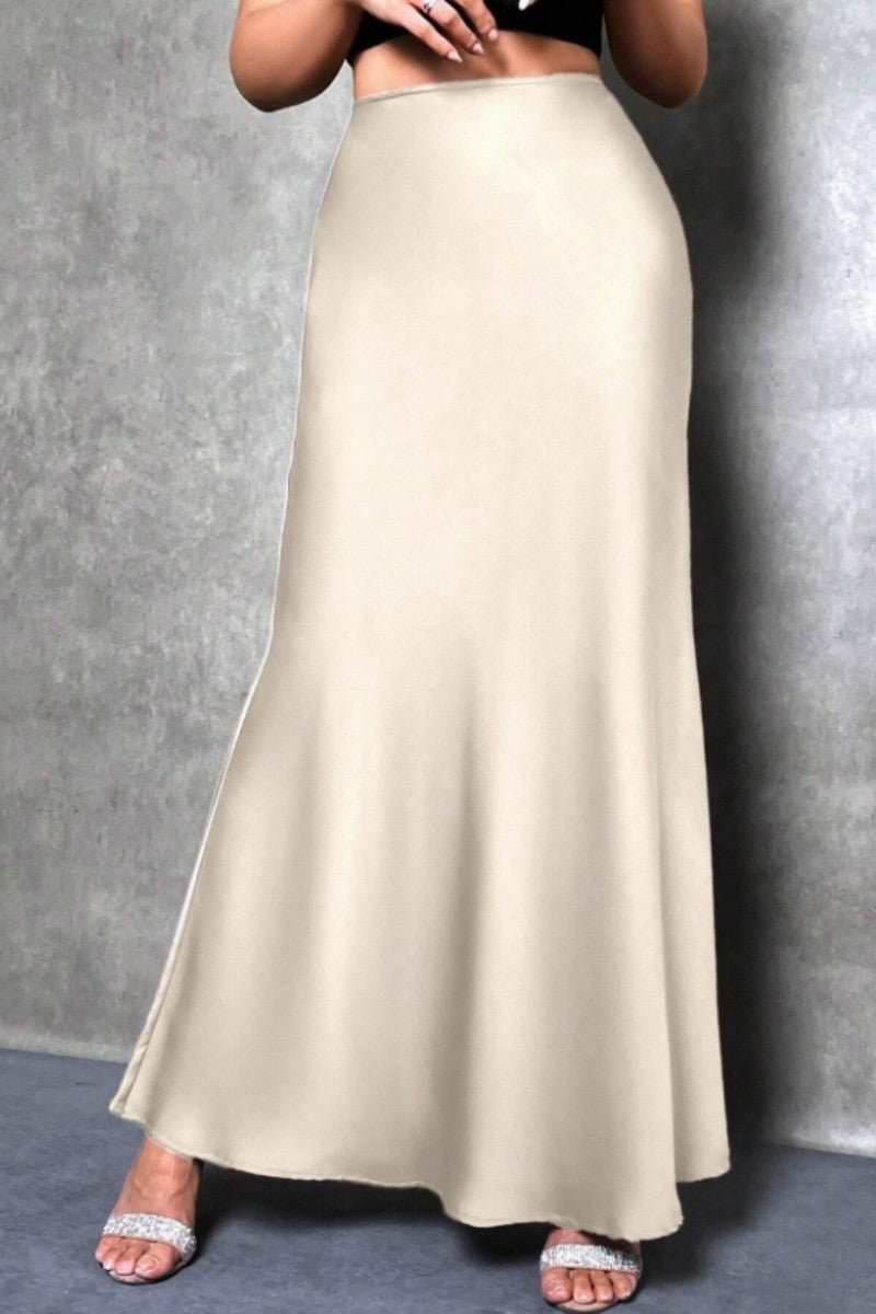 Elegant silk-like satin A-line midi skirt with high waist and mermaid tail for women in spring and summer