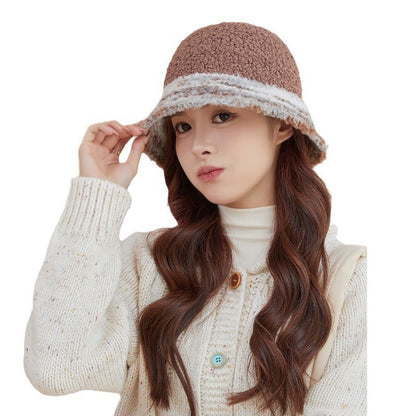New Warm Luxury Bucket Hat For Women Plush Patchwork Autumn Winter Wool Felt Stripe Large Bucket Hat Colorful Faux Fur Hat Cap