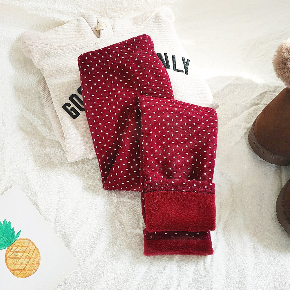 Girls Cotton Dot Print Leggings Autumn Winter Kids Fleece Warm Pants Baby Girl Slim Plus Thicken Trousers Children Clothes