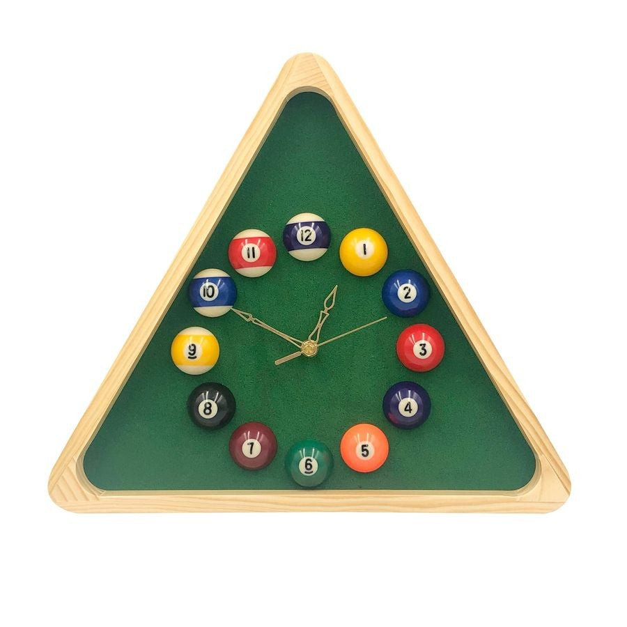 Billiards Pool Ball Clock 14Inch Triangle Pool Table Cool Wall Clock with Solid Wood Frame,Great for Billiards Room,Pool Room,Ga
