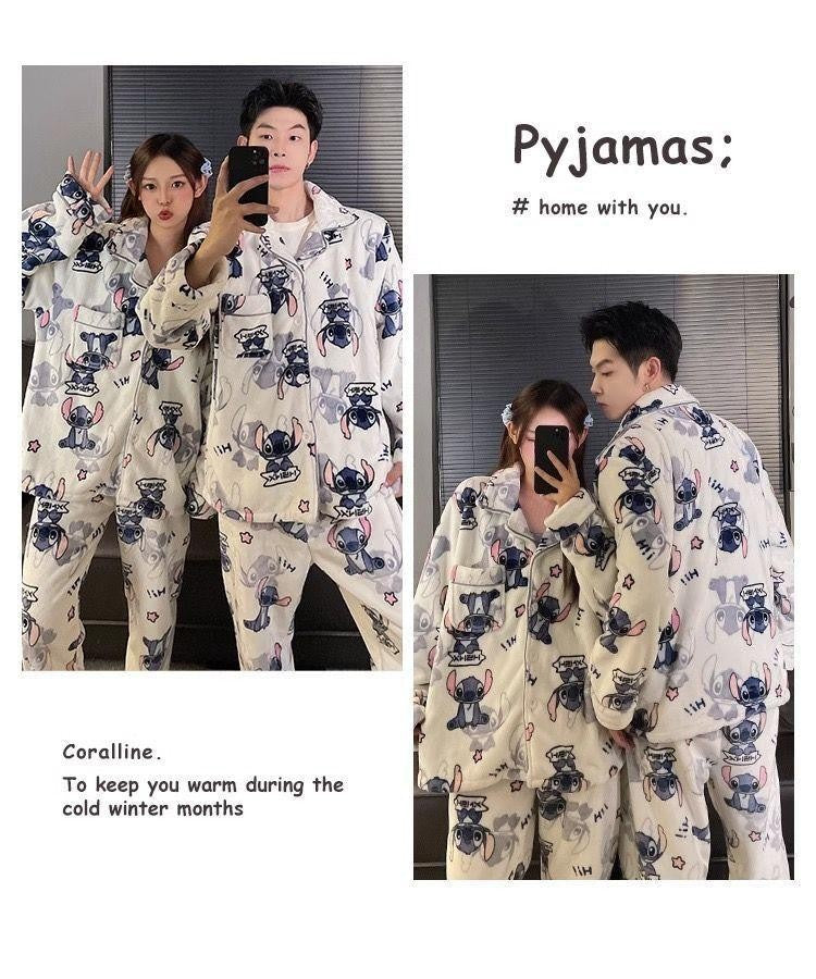 Conjunto de Pijama de Pelúcia para Casal 2 Peças Lindo Disney Stitch Anime Homem Mulher Roupa de Casa Calça de Manga Comprida Inverno Desenho Animado Roupa de Dormir Grossa