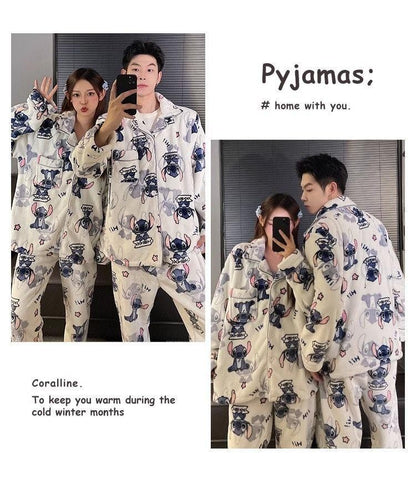 Conjunto de Pijama de Pelúcia para Casal 2 Peças Lindo Disney Stitch Anime Homem Mulher Roupa de Casa Calça de Manga Comprida Inverno Desenho Animado Roupa de Dormir Grossa