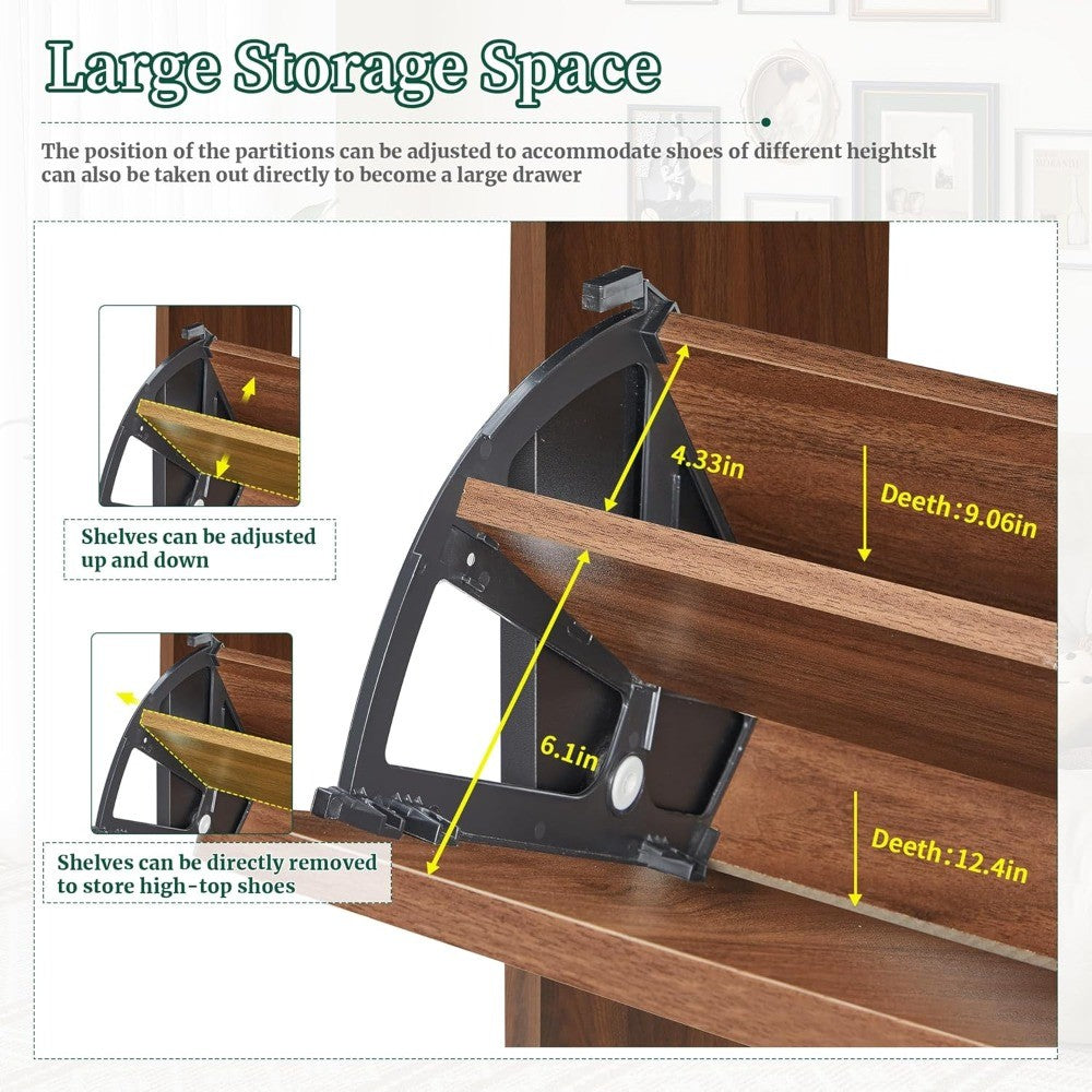 Slim Walnut Shoe Cabinet with Fluted Design and Dual Flip Drawers for Entryway Storage