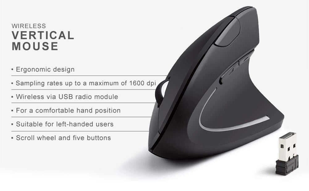 Mouse Vertical Ergonômico Sem Fio 2.4GHz Óptico 3 DPI Ajustáveis 800/1200/1600 6 Botões para Notebook PC Computador de Mesa