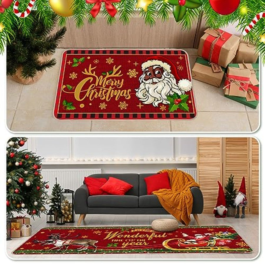 2 Pcs Christmas Kitchen Rugs Black Santa Christmas Decorations Xmas Winter Floor Mats Non Slip Washable Rubber Backing Doormat