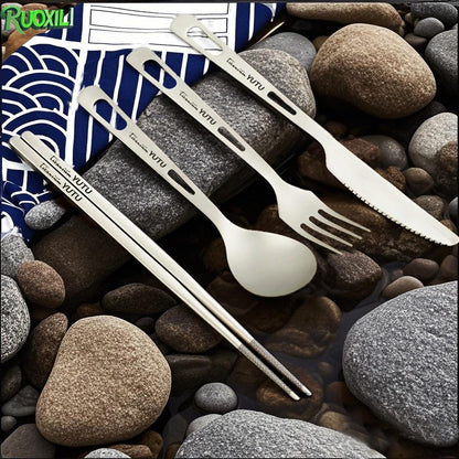 ortable Pure Titanium Tableware Set Lightweight Ti Camping Utility Cutlery with Carrying Bag for Traveling Picnic Hiking