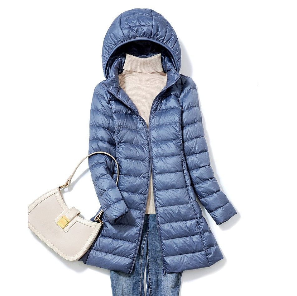 Korean Fashion Slim Remove Hooded Parka Fashionable Outerwear 2023 Winter Womens Down Jackets Long Light Thin Coat Puffer Jacket