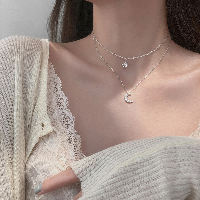 Colar de Prata 925 Feminino Camada Dupla Zircônia Estrela Lua Pingente Colar Delicado Corrente Charmosa Joia Elegante Presente da Moda