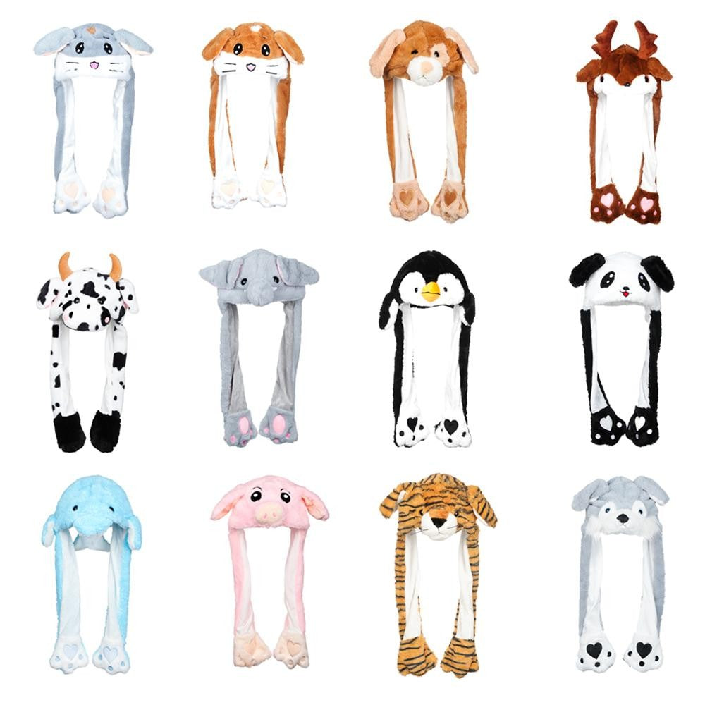 Women Girls Soft Warm Moving Jumping Rabbit Pinch Airbag Animals Ear Hat Funny Cap Plush