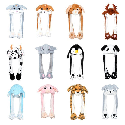 Women Girls Soft Warm Moving Jumping Rabbit Pinch Airbag Animals Ear Hat Funny Cap Plush