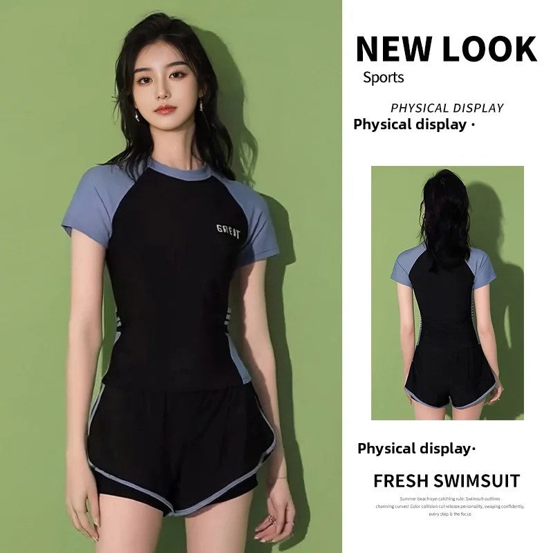 Sporty Two-Piece Swimsuit Short Sleeve plus Size Concealing Conservative Flat Footwear for Hot Springs Swimming Costume