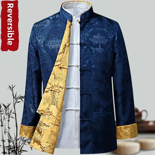 Spring Autumn Double-Sided Wearable Vintage Blazer Jacket Men's Casual Chinese Style Middle-Aged And Elderly Fashion Outerwear