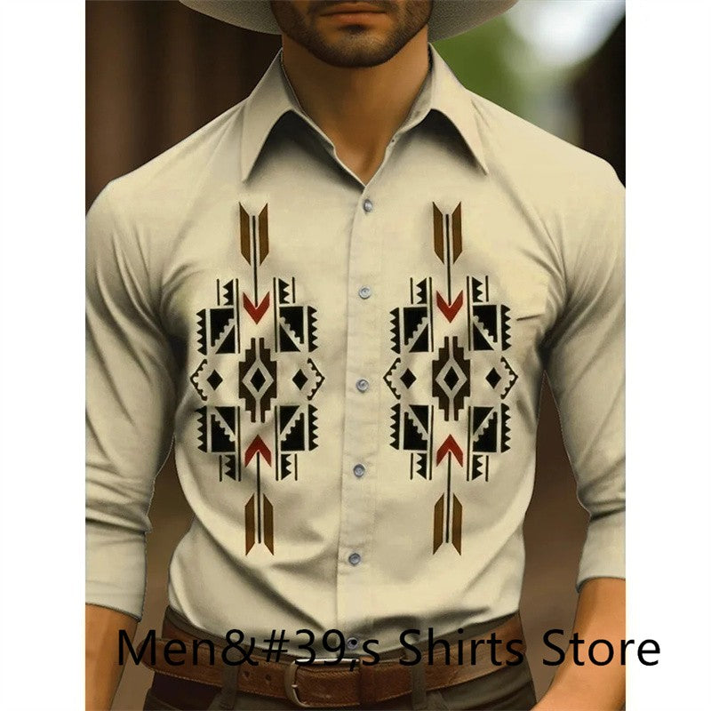 Vintage Men's Shirt 3D Printing Western Cowboy Shirt Casual Fashion Daily Vacation Long Sleeve Shirt Hawaiian Men's Clothing