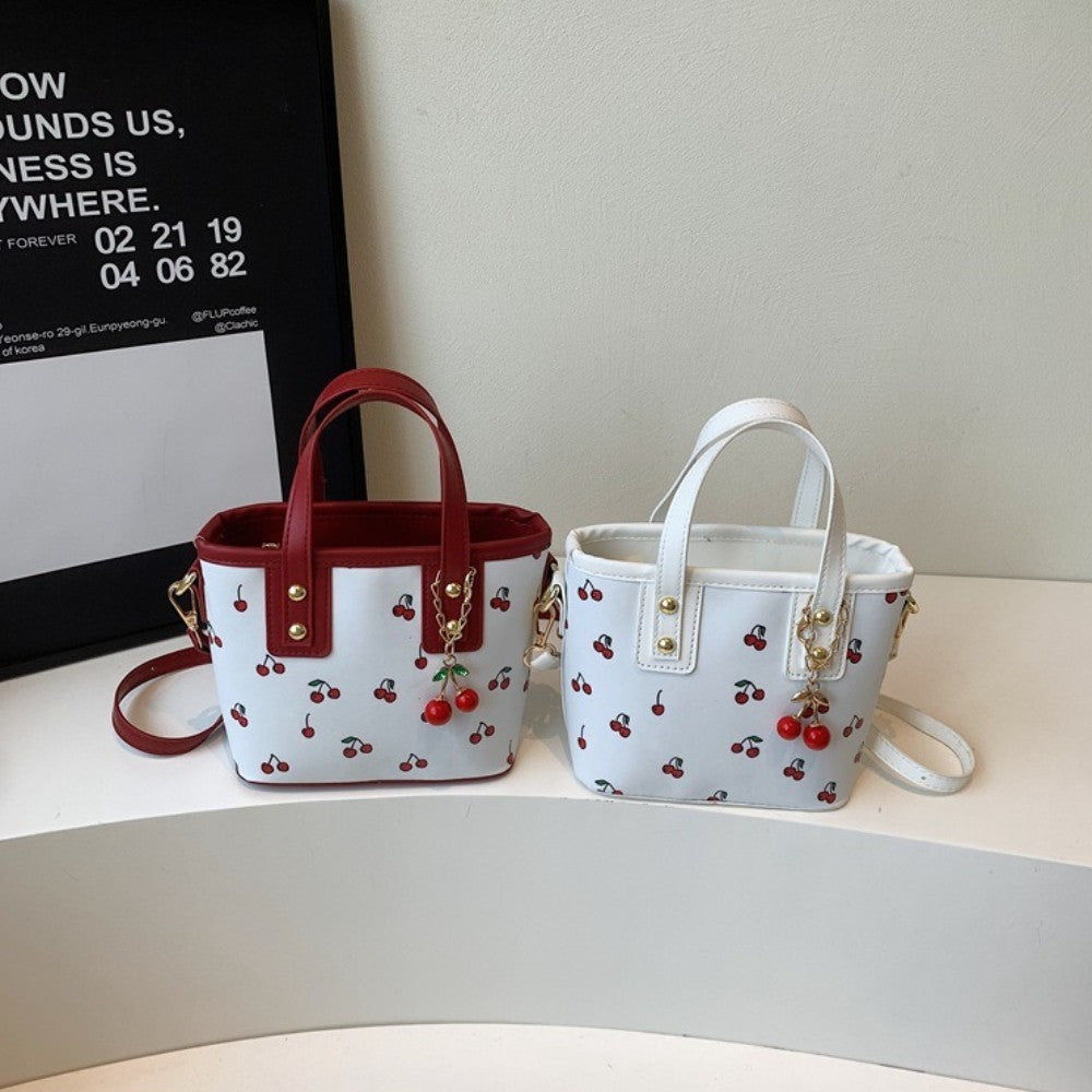 Women PU Cherry Shoulder Bag Large Capacity Trendy Commuting Bag with Cherry Pendant Stylish Crossbody Bag Aesthetic Handbag