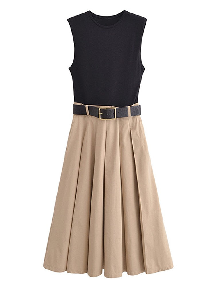 Fashion Patchwork Pleated Long Dress With Belt Women Chic Sleeveless Tank Maxi M