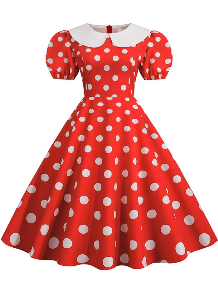 Elegant Women Summer Dress Puff Short Sleeve Polka Dot Peter pan Collar Vintage A-line Midi Long Party Sundress