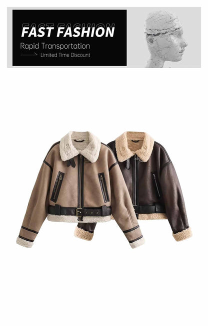 2024 Autumn/Winter New Product Casual Women's Wear Flip Collar Fur Integrated Loose and Versatile Short Jacket Coat