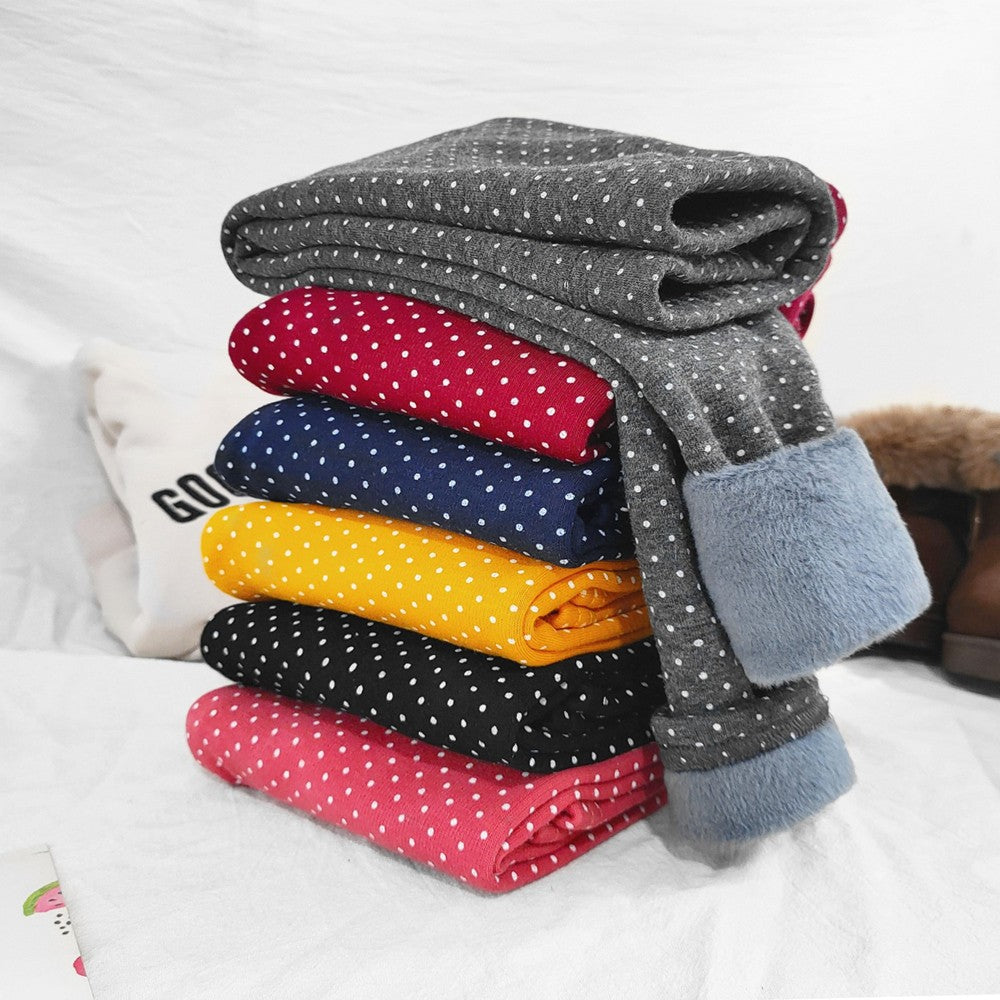 Girls Cotton Dot Print Leggings Autumn Winter Kids Fleece Warm Pants Baby Girl Slim Plus Thicken Trousers Children Clothes