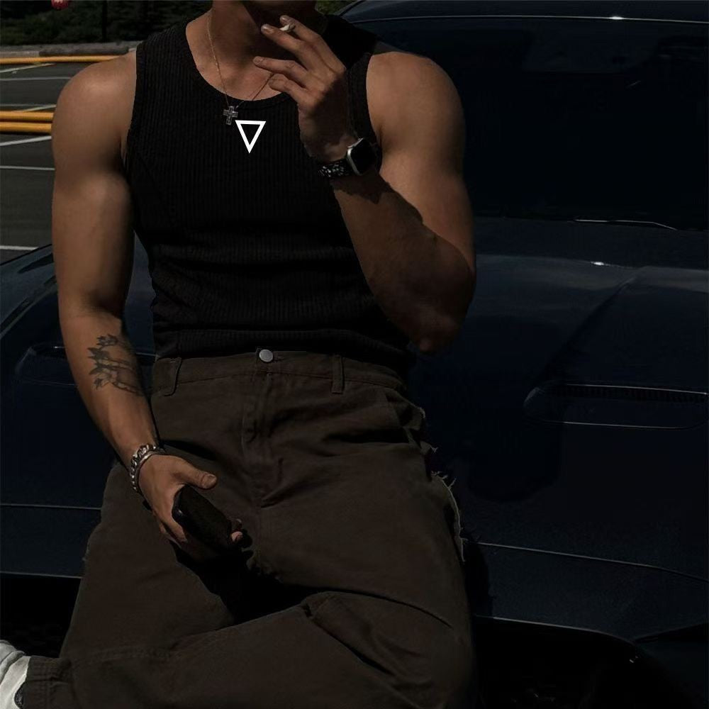 Summer American Men's Vest Wearing Thick Thread Slim Vest Men's Sports Training Striped Vest Base T-shirt Fitness GYM