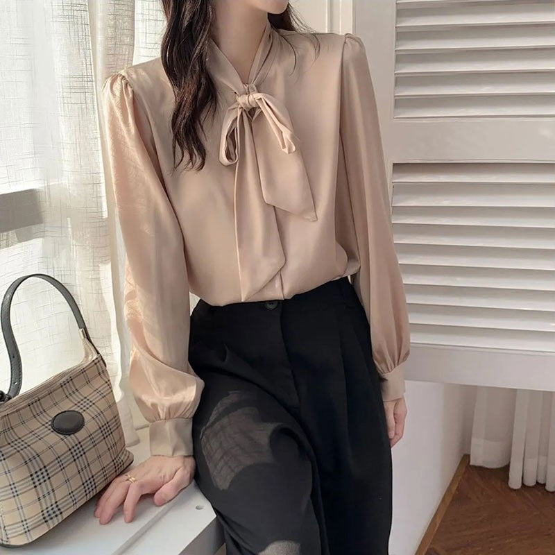 Bow Tie Chiffon Shirts Casual Long Sleeve White Blouse Women's Elegant Business Loose Blouses Ladies Spring and Autumn Chic Tops